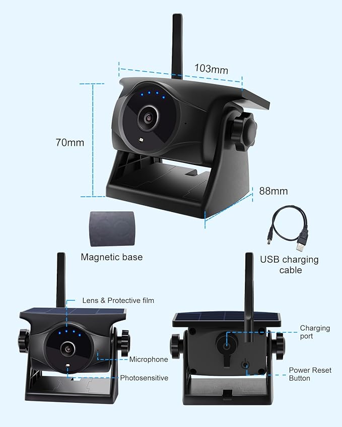 1080P Solar Wireless Backup Camera - Magnetic Hitch Rear Front Camera with Night Vision, 365-Day Standby, Waterproof, Rechargeable Battery for Horse Trailer RV Truck Car for Phone Pad Android