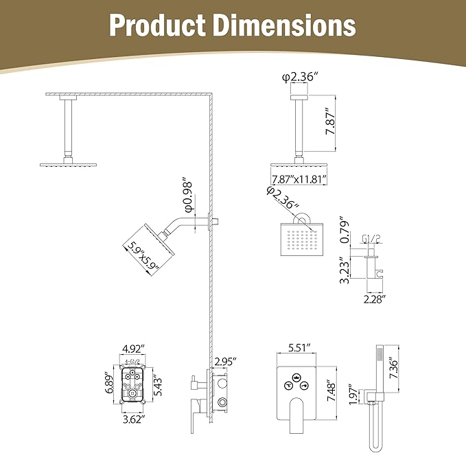 12 Inch Rain Shower System, Brushed Gold Shower Faucet Set with Push Button Diverter, 6 Inch Wall Mounted 3-Functions Bathroom Shower Systems with Dual-Function Handheld
