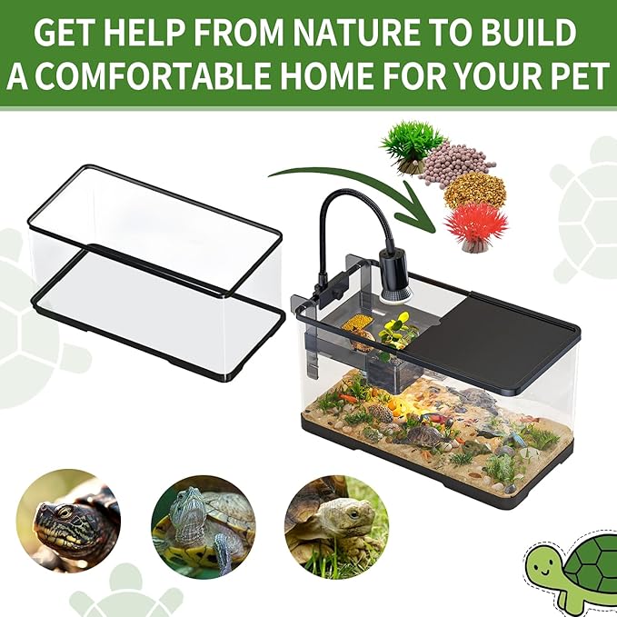 (Tank + Light + Filter Balls) Turtle Tank Kit, Turtle Tank Starter Kit,Bottom Drainage, Multi-Function Areas for Turtles, Crabs,Fishes, Amphibians,Reptiles. (11.81 × 7.88 × 7.88 Inch)