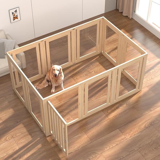 10 Panels Dog Playpen with Door, 23.6" H Pet Playpen Indoor, Clear Acrylic Puppy Playpens, Wooden Puppy Fence with Gate, Transparent Dog Pens, Pet Pen Indoor for Dogs, Cats, Rabbit (Wood)