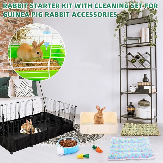 104 Pcs Rabbit Starter Kit Litter Box Bunny Tunnel Pet Playpen with Waterproof Mat Water Bottle Animal Grooming Kit Bowl Blankets with Cleaning Set for Guinea Pig Rabbit Accessories
