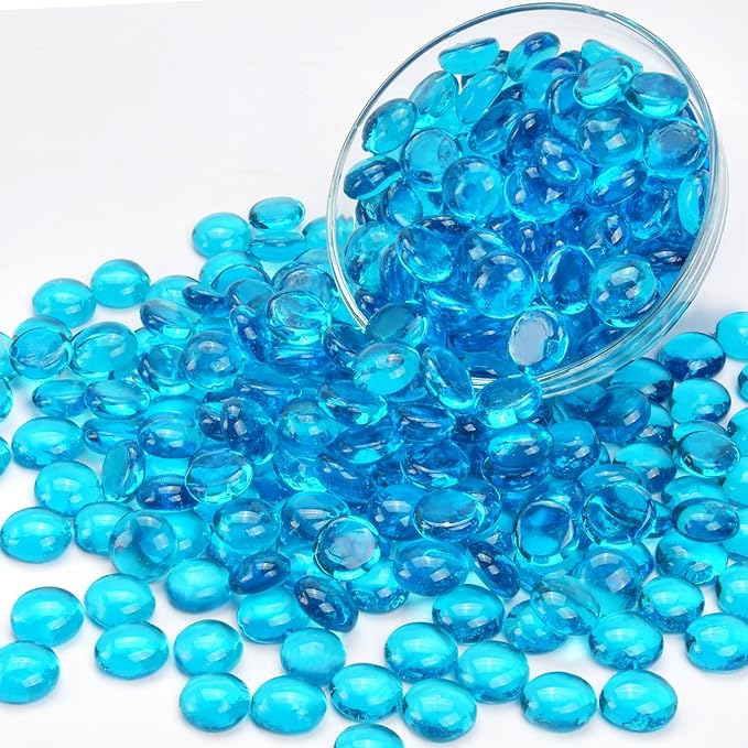 1LB Ocean Blue Flat Glass Marbles for Vases, Gemstone Beads Vase Filler Decorative Glass Pebbles for Fish Tank, DIY Crafts, Aquarium Decor Rocks