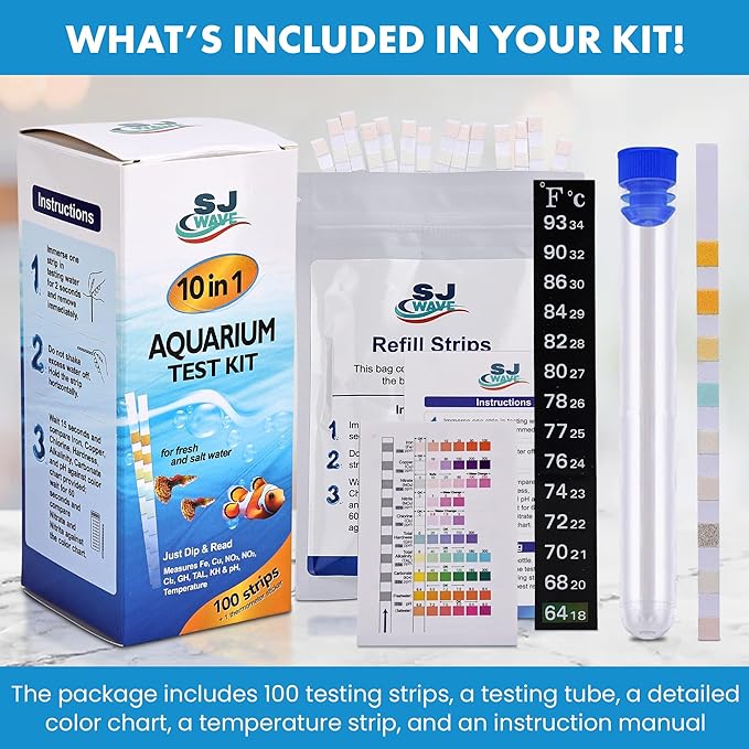 10 in 1 - Aquarium Test Strips | 100 Fast & Accurate Strips | Fish Tank Aquariums Water Test Kit & ebook | Aquarium Thermometer | Fish Tank Water Testing Kit for Fresh & Saltwater | Versatile Usage