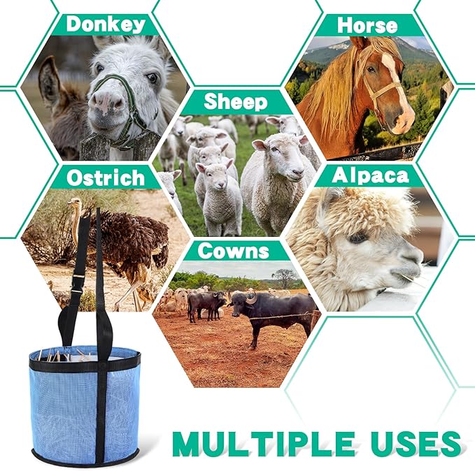 2 Pcs Horses Feed Horse Bag for Grain Hay Bags Heavy Duty Mesh Horse Feeder with Adjustable Strap Comfort Neck Pad Nose Pad and Waterproof Bottom Muzzle(Blue)