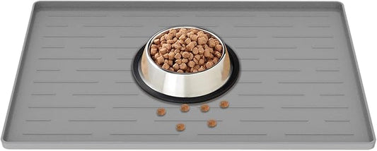 18" x 12" Dog Food Mat, Silicone Pet Mats for Food and Water, Nonslip Pet Feeding Mats for Floors, Dog Cat Bowl Mat with Raised Edges, Light Gray