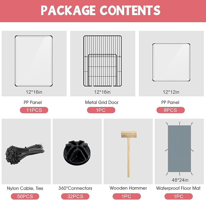 20 Panels Small Animals Playpen, 48" x 24" x 16" Transparent Pet Playpen with Waterproof Mat,Portable Plastic Enclosure Cage for Chicken/Guinea Pigs/Bunny/Ferrets/Hamsters/Hedgehogs Indoors Outdoor