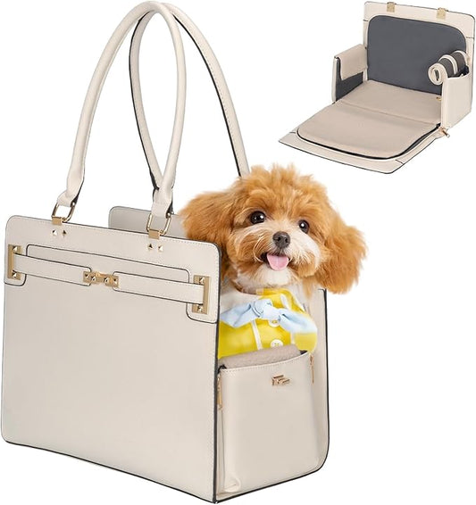 2-in-1 Stylish Dog Purse Carrier Soft-Sided Carriers Travel Tote Bag for Small Dogs Cats, Fashion Foldable Pet Bag for Puppies Small Animals with Pockets (White, 15" L x 7.5" W x 12.2" H)