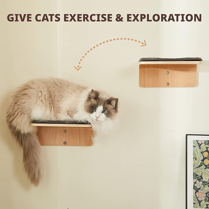 2 Set Cat Wall Steps - Wooden Cat Climbing Shelf for Wall - Cats Wall Stairs with Scratching Mat - Wall Mounted Cats Furniture for Jumping, Playing, and Lounging