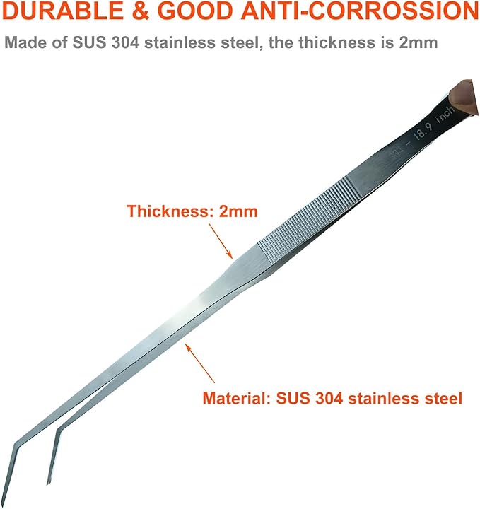 2 Pack Extra Long Tweezers, Fecsam Feeding Tongs, 18.9 inch & 10.5 inch Curved Aquarium Stainless Steel Large Aquascape Tools for Fish Tank, Terrarium，Aquascaping, Reptile, Bearded Dragon