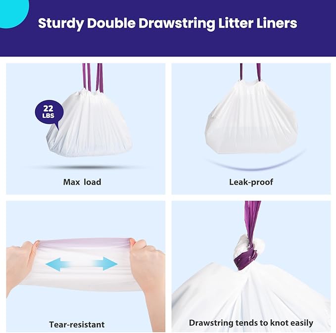 24 Count Litter Box Liners, Waste Bags Compatible with Pet-safe ScoopFree Self-Cleaning Litter Box Tray Refills, Drawstring Litter Bags for Reusable Tray, Pre-Separated (38"L x 14.5"W x 7.8"H)