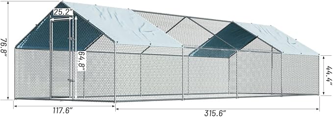 1.26’’ Large Metal Chicken Coop Walk in, Chicken Pen for Chickens, Outdoor Chicken Runs Coops Dog Kennel, Spire Roofed Chicken Runs for Yard with Anti-Ultraviolet Cover (9.8’Lx26.2’Wx6.4’H)