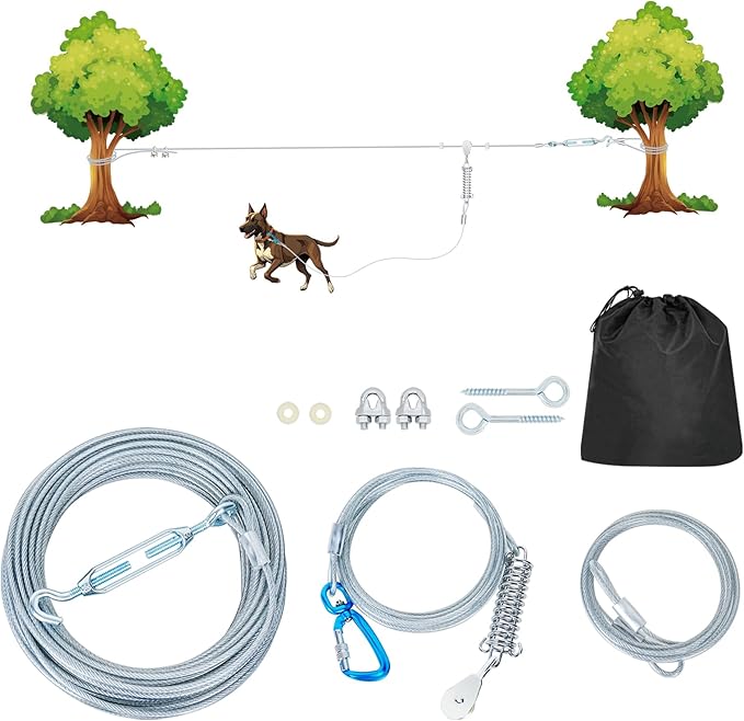 100ft Dog Runner for Yard Large Dog Heavy Duty with Double Shock Absorbers Tangle-Free Aerial Trolley System for Large Dogs Up to 250lbs(Silver)