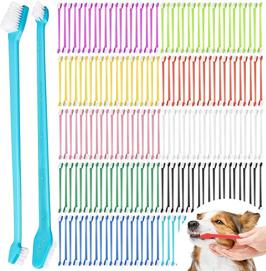 200 Pcs Dog Toothbrush, Pet Double Sided Brushing Kit Long Handle Soft Bristles Dogs Tooth Brush for Small to Large Dog, Cat, Puppy & Kitten, 10 Colors