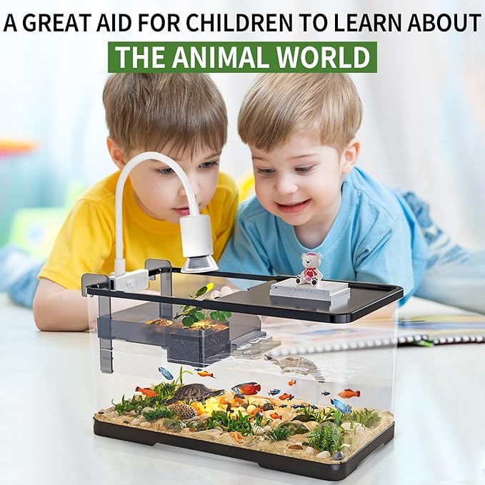 (Tank + Light + Filter Balls) Turtle Tank Kit, Turtle Tank Starter Kit,Bottom Drainage, Multi-Function Areas for Turtles, Crabs,Fishes, Amphibians,Reptiles. (11.81 × 7.88 × 7.88 Inch)