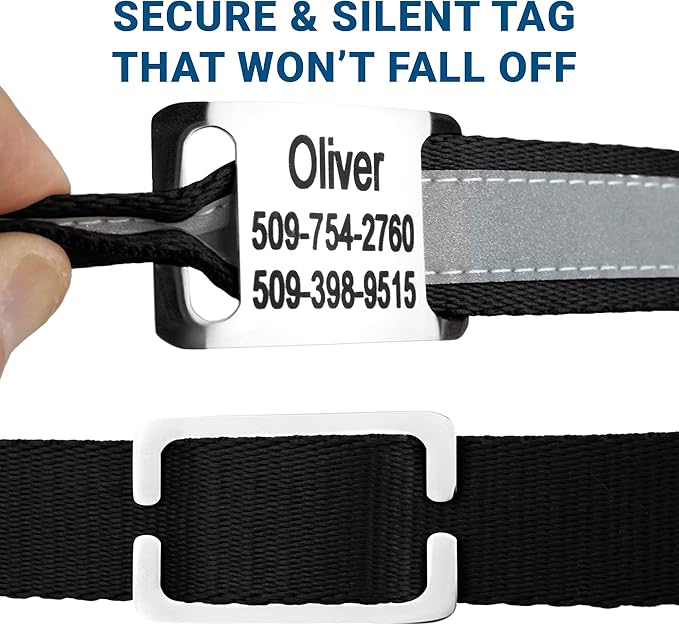 GoTags Reflective Personalized Dog Collar with Nameplate, Adjustable Dog Collar with Custom Engraved Steel Slide On Pet ID Tag, Silent, No Noise Dog Tag for Large Medium or Small (Black, Medium)