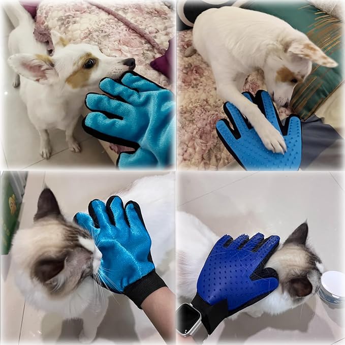 2 in 1 Cat Grooming Glove, Double-Sided Use Pet Hair Remover Glove, 1 Side is Gentle Grooming for Dogs, Cats, the Other is Effective Hair Remover for Furniture, Clothing (Light Blue, Right-Hand)