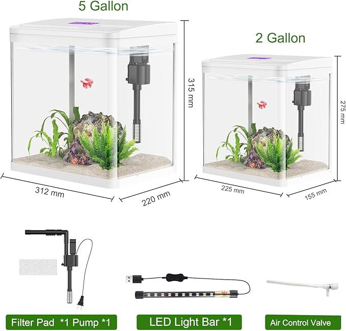 2 Gallon Glass Betta Fish Tank，Small Fish Tank with Filter and Light,Self-Cleaning Fish Tank.