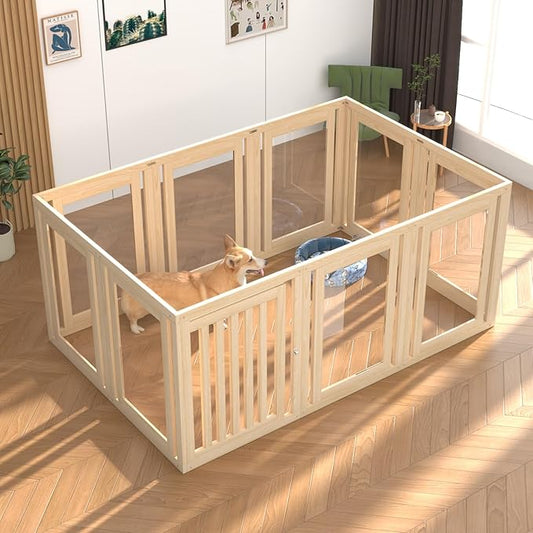 10 Panels Dog Playpen with Door, 23.6" H Pet Playpen Indoor, Clear Acrylic Puppy Playpens, Wooden Puppy Fence with Gate, Transparent Dog Pens, Pet Pen Indoor for Dogs, Cats, Rabbit (Wood)