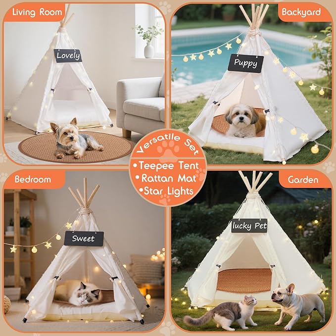 20" Dog& Cat Teepee Tent +24" Pet Cooling Mat +10ft Star String Light [2-Modes],Cotton Thicked Soft Comfort Anti-Slip Cushion (Used/Wash Separately),Medium Pets Tents House Indoor or Outdoor