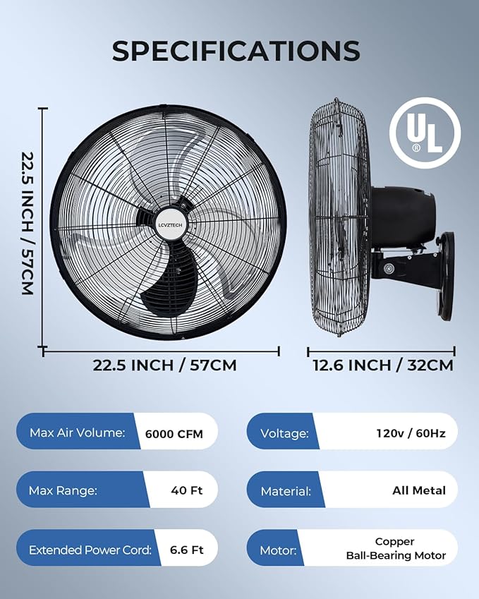 20 inch Wall Mount Fan Oscillating, 3-Speed 5500 CFM High Velocity Industrial Wall Mounted Fan, Heavy Duty Air Circulator for Garage, Shop, Gym, Workshop, Covered Patio - UL Listed