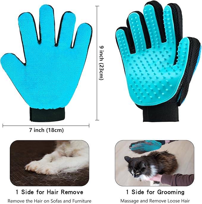 2 in 1 Cat Grooming Glove, Double-Sided Use Pet Hair Remover Glove, 1 Side is Gentle Grooming for Dogs, Cats, the Other is Effective Hair Remover for Furniture, Clothing (Light Blue, Right-Hand)