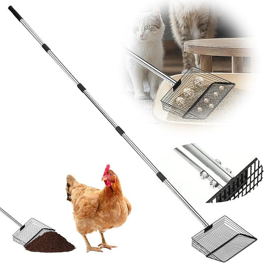 10 Inch Chicken Poop Scooper, Large Metal Chicken Coop Scoop, Chicken Litter Sifting Shovel, Chicken Coop Rake with Retractable Stainless Steel Handle, Chicken Coop Cleaning Tools Accessories