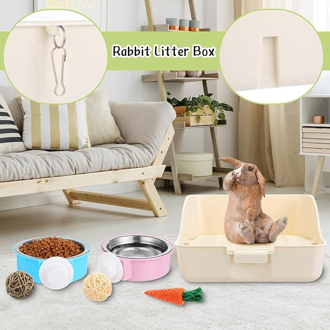 15 Pcs Rabbit Starter Kit Small Rabbit Litter Box Animal Grooming Kit Bunny Toys Bowl Blankets with Cleaning Set for Guinea Pig Accessories(Multicolor)