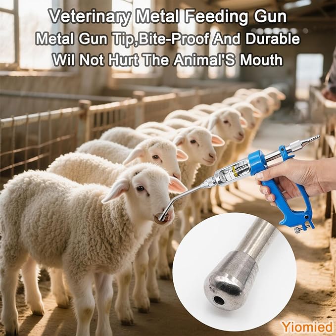 10ML Veterinary Metal Feeding Gun, Continuous Drench Gun Dosing Device Veterinary Adjustable Medicine Dispenser Husbandry Autonomous Feeding Tool, for Pig Cow, Sheep, Horse (Blue, 10ML+Kettle)