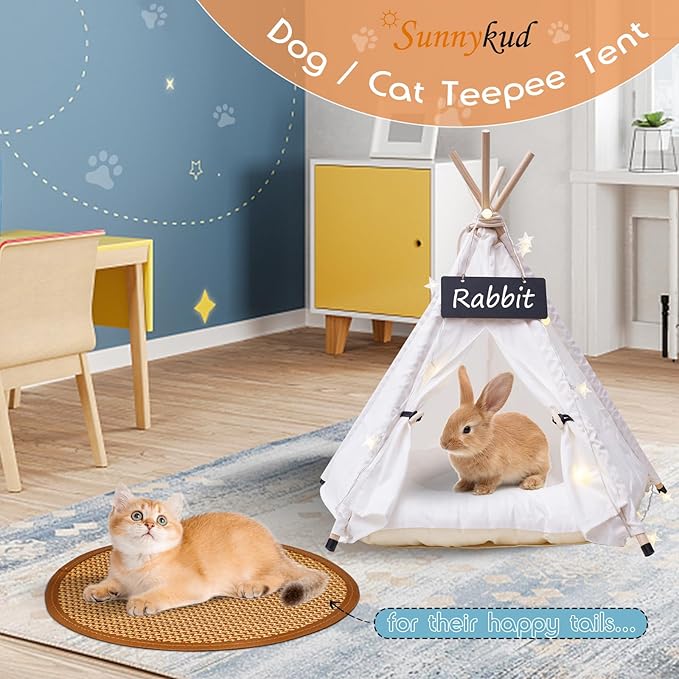 16" Dog& Cat Teepee Tent +20" Pet Cooling Mat +10ft Star String Light [2-Modes],Cotton Thicked Soft Comfort Anti-Slip Cushion (Used/Wash Separately), Small Pets Tents House Indoor or Outdoor