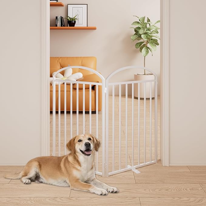 2 Panles Full Matel Freestanding Dog Gates with Door, 48"Extra Wide 36"Tall Free Standing Dog Pet Gate for Indoor & Outdoor. Foldable Pet Fences for Doorways, House, Stairs, Porch, Deck, Yard