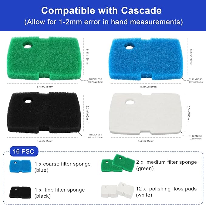 16 PCS Replacement Canister Filter Pad Compatible with Pennplax Cascade 1200/1500 CCF4UL/CCF5UL, Aquarium Sponge Media Parts Canister Filter Floss Pads for Fish Tank