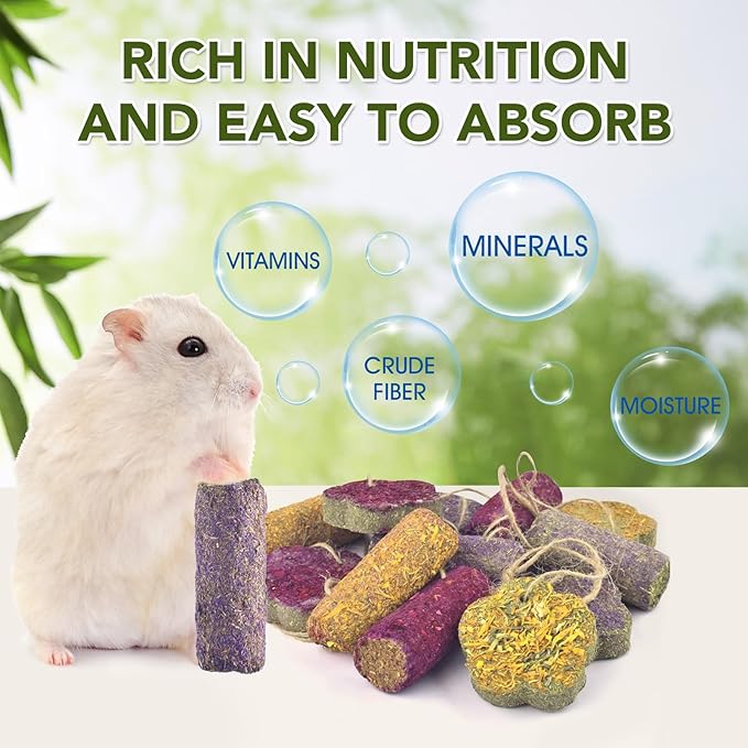 12PCS Rabbit Chew Sticks, Hanging Chew Sticks & Cakes Timothy Hay Rose Chrysanthemum Treat for Bunny Chinchilla Guinea Pig Hamster and Other Small Pets Molar Snack Toy