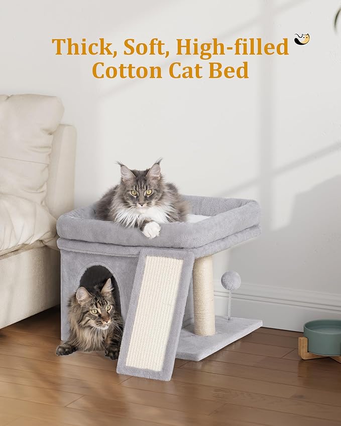 14in Cat Tree Tower with 20 * 16.5in Perch Bed and Washable Top for Large Adult Cats, Condo and Scratching Post for Indoor Kitten Pet, Light Gray