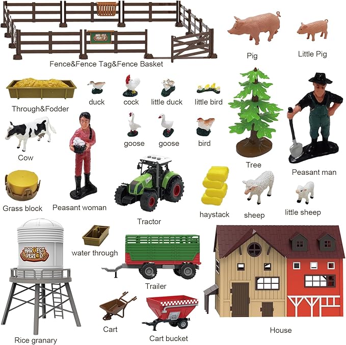 109PCS Farm Animals Toys Set Comes with Barn, Rice Storehouse, Rice Trolley, Milking shed, Farmer, Fence - Playset for Kids Toddlers Boys Girls 5+ Years Old