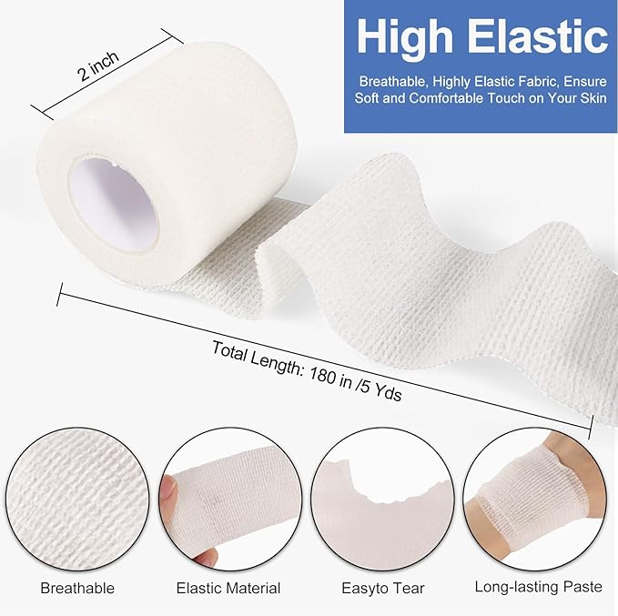 24 Pack White Self Adhesive Bandage, 2” x 5 Yards Medical Wrap, Cohesive Bandage Wrap, White Tape Baseball, Self Stick Bandage Tpae, First Aid Gauze for Ankle, Leg, Arm