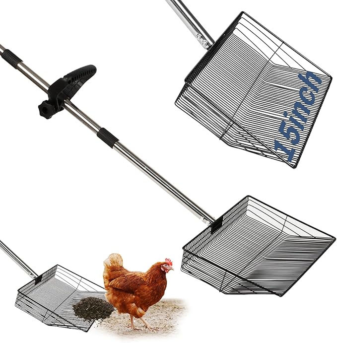 15" Extra-Wide Chicken Poop Scooper – Ergonomic Adjustable Handle (24-70in), Stainless Steel Sifting Shovel Deep Litter Cleaning for Chicken Coops, Goat - Chicken Coop Scoop for Sand, Straw, Hemp