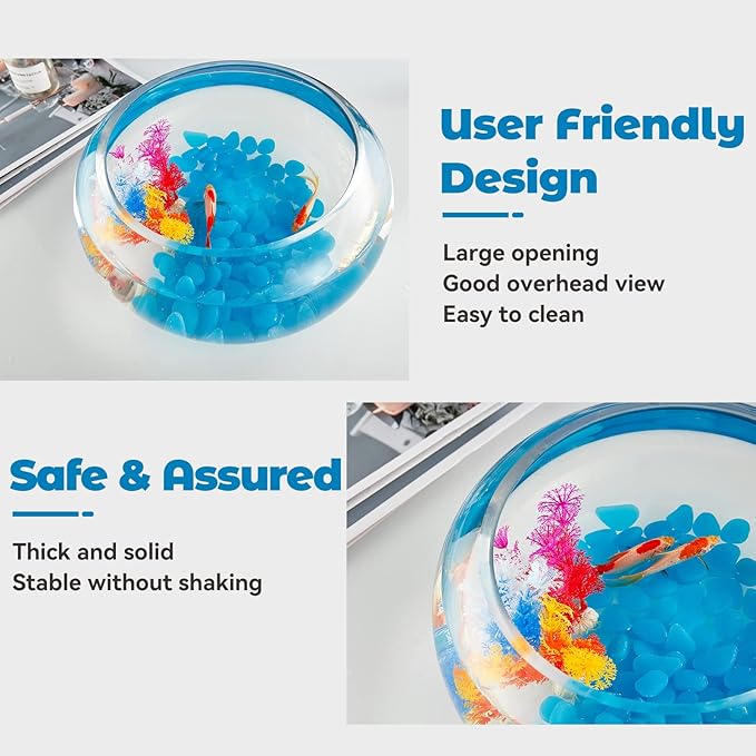2 Gallon Glass Fish Bowl with Decor, Include Fluorescent Stones & Colorful Plastic Trees, High White Glass for Clear View, Small Fish Bowl/Vase/Aquarium for Betta Fish/Goldfish, Nice Home Décor