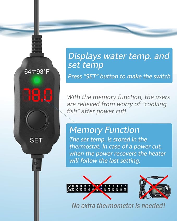 100W Adjustable Aquarium Heater Super Short Submersible Fish Tank Heater Fish Heater with LED Digital Display Thermostat, for Tanks 10-20 Gallons