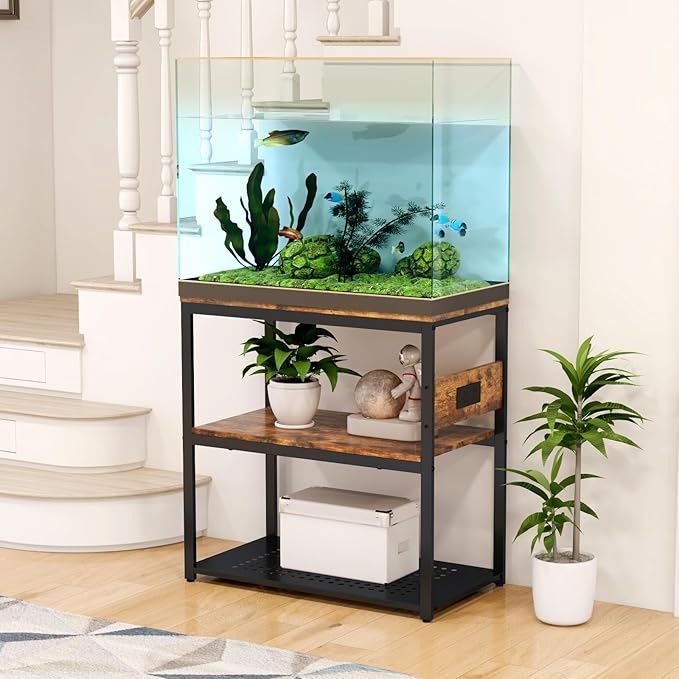 20-29 Gallon Fish Tank Stand With Power Outlets, 3-Tier Metal Aquarium Stands, Breeder Reptile Tank Stand with Shelf for Home Office, 660LBS Capacity, 29.5 x 15.8 x 30.1 inches, Brown