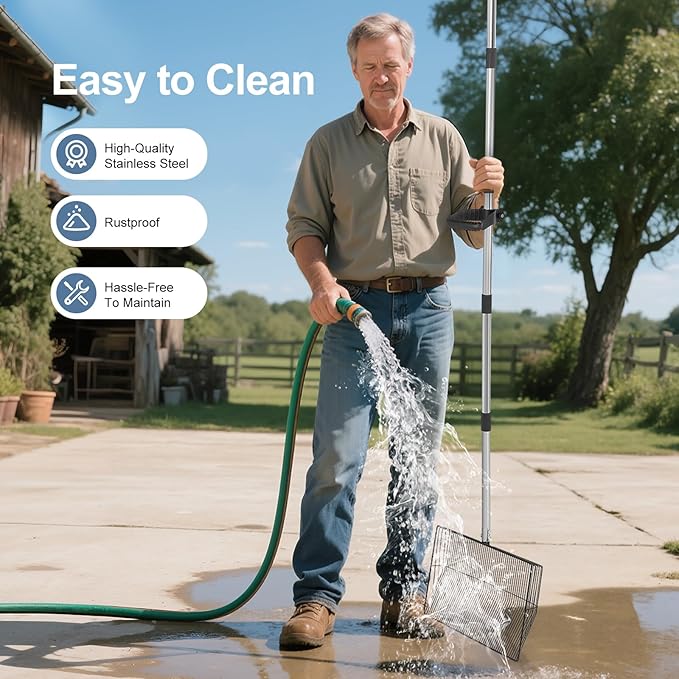 15inch Large Chicken Poop Scooper with Ergonomic Grip, 5 in 1 Adjustable Chicken Coop Pooper Shovel (24 to 76.5"), Stainless Steel Litter Sifting Shovel Scoop for Chicken Coop/Goat Stall/Stable