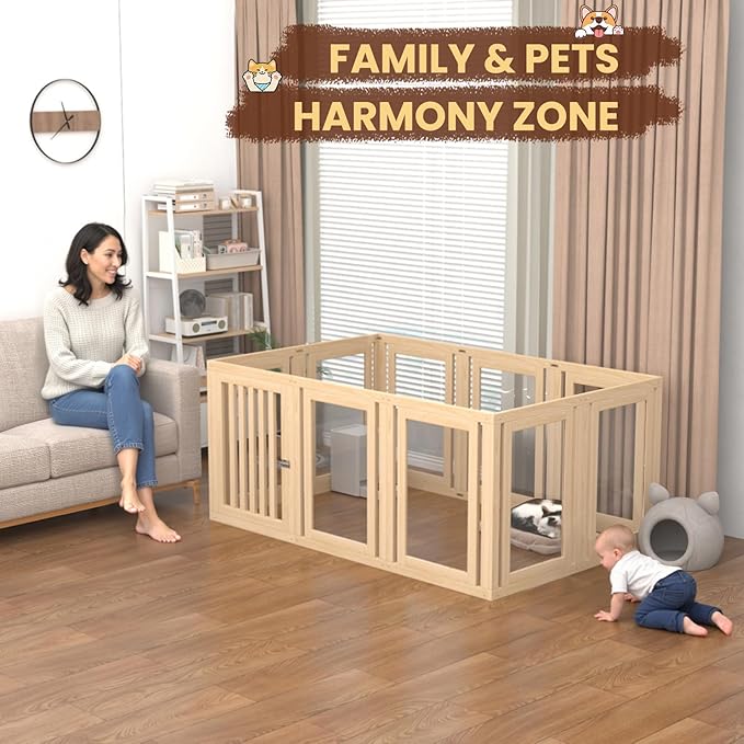 10 Panels Dog Playpen with Door, 23.6" H Pet Playpen Indoor, Clear Acrylic Puppy Playpens, Wooden Puppy Fence with Gate, Transparent Dog Pens, Pet Pen Indoor for Dogs, Cats, Rabbit (Wood)