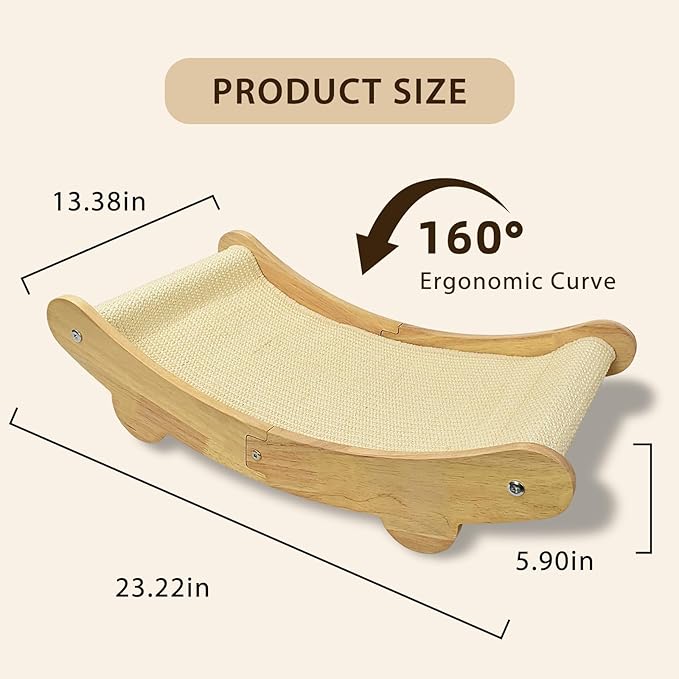 2-in-1 Sisal Cat Scratcher Bed for Indoor Large Cats – Hammock Lounge with Natural Sisal Pad, Wooden Cat Furniture for Scratching and Resting