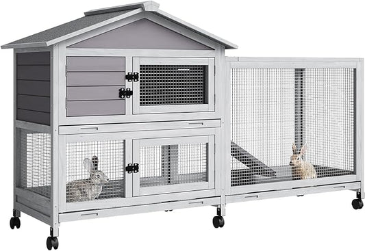 2-Tier Rabbit & Chicken House Mobile,Wooden Chicken Coop & Bunny Cage with Non-Slip Ramp, 4 Doors,Waterproof Roof & Pull-Out Tray,Outdoor/Indoor Pet Cage Movable