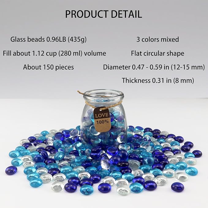 0.96LB Mix Colors Glass Beads Vase Filler Aquarium Gravel Decor Flat Glass Marbles Gems Pebbles Fish Tank Rocks Home Decorative Art Craft - 3 Colors Mixed