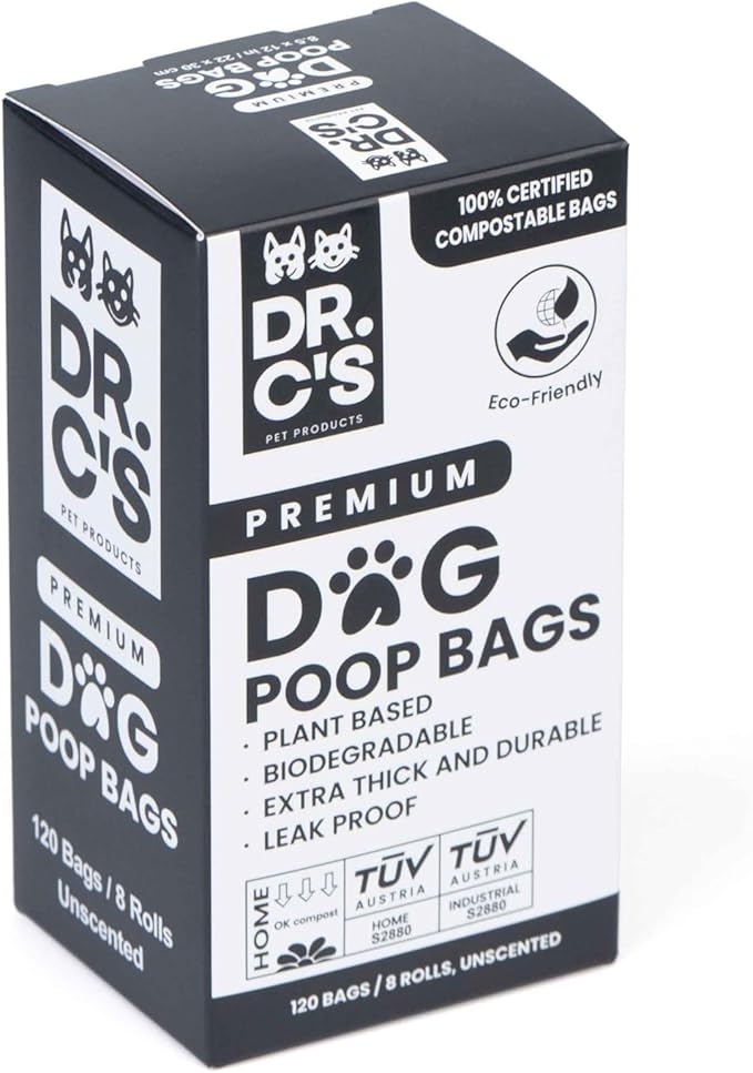 100% Certified Compostable Dog Poop Bags - Dr. C's Premium Dog Poop Bags - 120 Bags / 8 Rolls, Extra thick, Leak Proof, Unscented, Plant Based and Earth Friendly