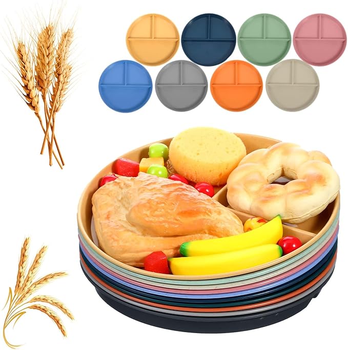 10 Pcs Unbreakable Divided Plates for Kids Adults, 9 Inch Round Portion Control Plate, 3 Compartment Plates with Dividers, Lightweight Reusable Dinnerware Portion Control Plastic, Dishwasher Safe