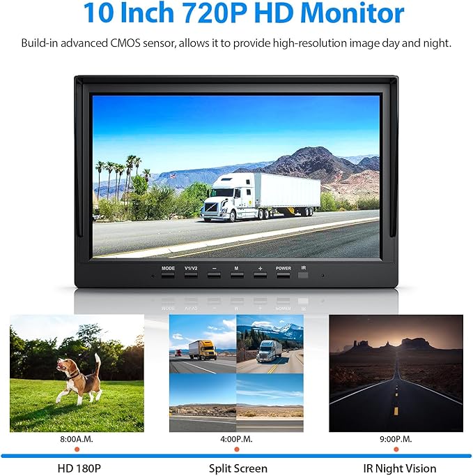 10" HD Backup Camera System Kit, Loop Recording Large Monitor with Wired Rear View Camera, IR Night Vision Waterproof Camera with Safe Parking Lines for Bus, Semi-Truck, Trailer, RV, BY104A