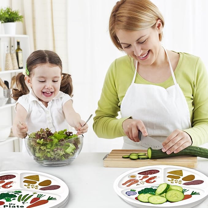 10" 3-Grid Cute Cartoon Portion Control Plate - Melamine, Healthy Nutrition for Weight Loss & Diabetes Management, Ideal for Adults & Teens Kids (4 Pack)