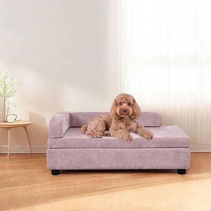 AFBKSS&BB Pet Sofa with Hidden Storage for Puppy and Cat,Linen Fabric Dog Sofa,Cat Couch with Wooden Frame (Pink)