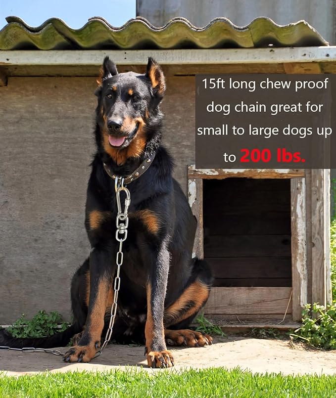 15 ft Dog Chains for Outside - Heavy Duty Tie Out Chain Leash Great for Small to Large Dogs Up to 200Lbs - Chew Proof Long Chain for Yard Camping or Travel (15ft Without Spring)